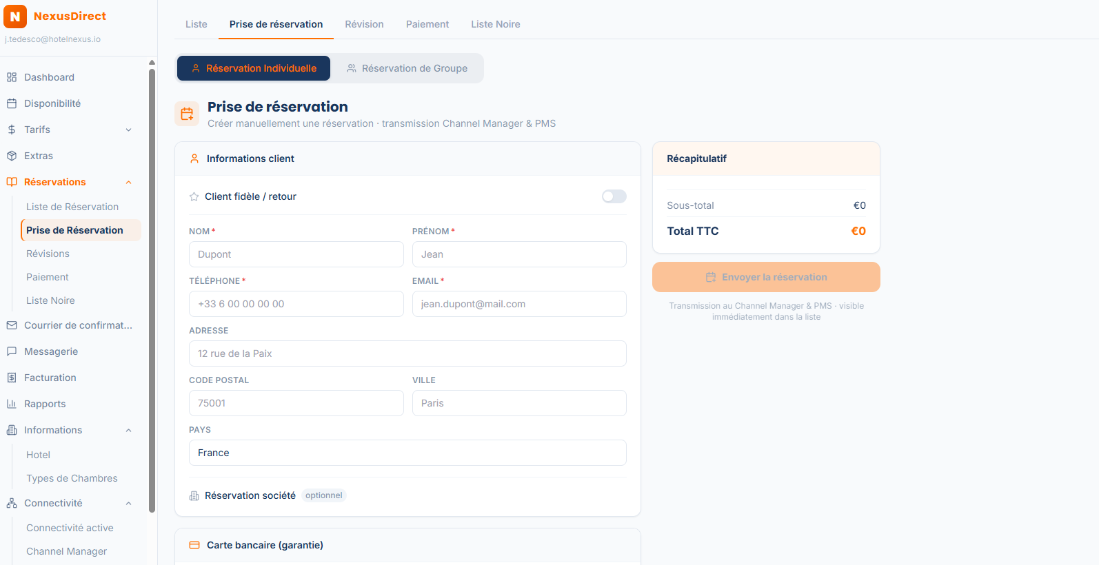 Extranet Nostaya — Prise de réservation
