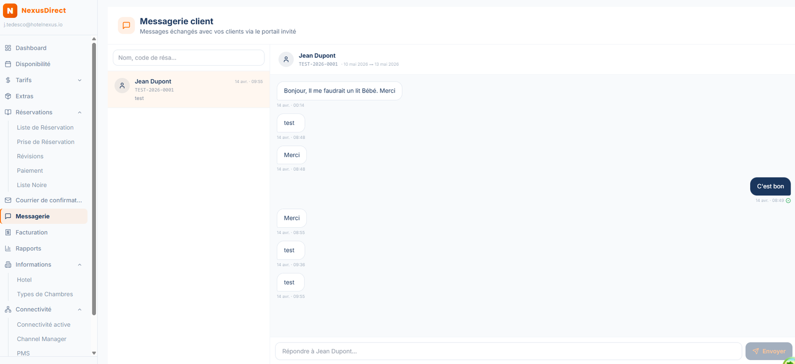 Extranet Nostaya — Messagerie client directe