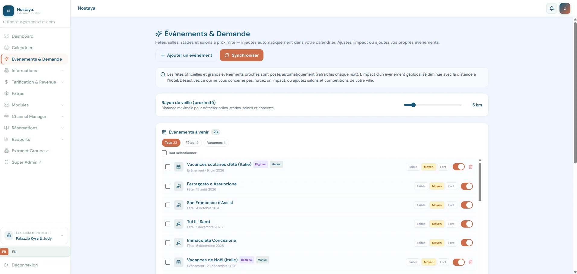 Extranet Nostaya — Événements et demande — fêtes et salons injectés automatiquement au calendrier