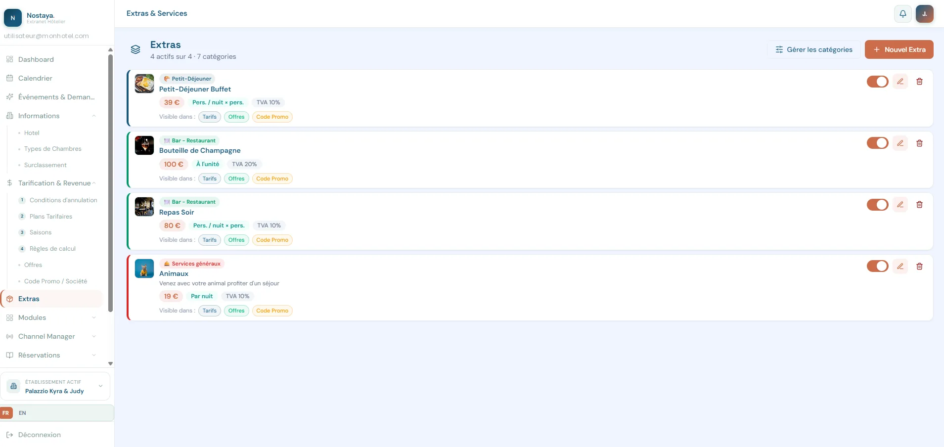 Extranet Nostaya — Extras et services — petit-déjeuner, spa, parking, vendus dans le tunnel