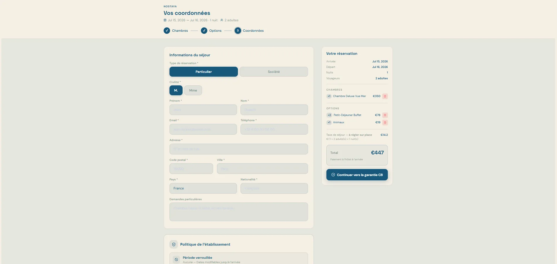 Moteur de réservation Nostaya — Coordonnées du client, extras et récapitulatif du séjour