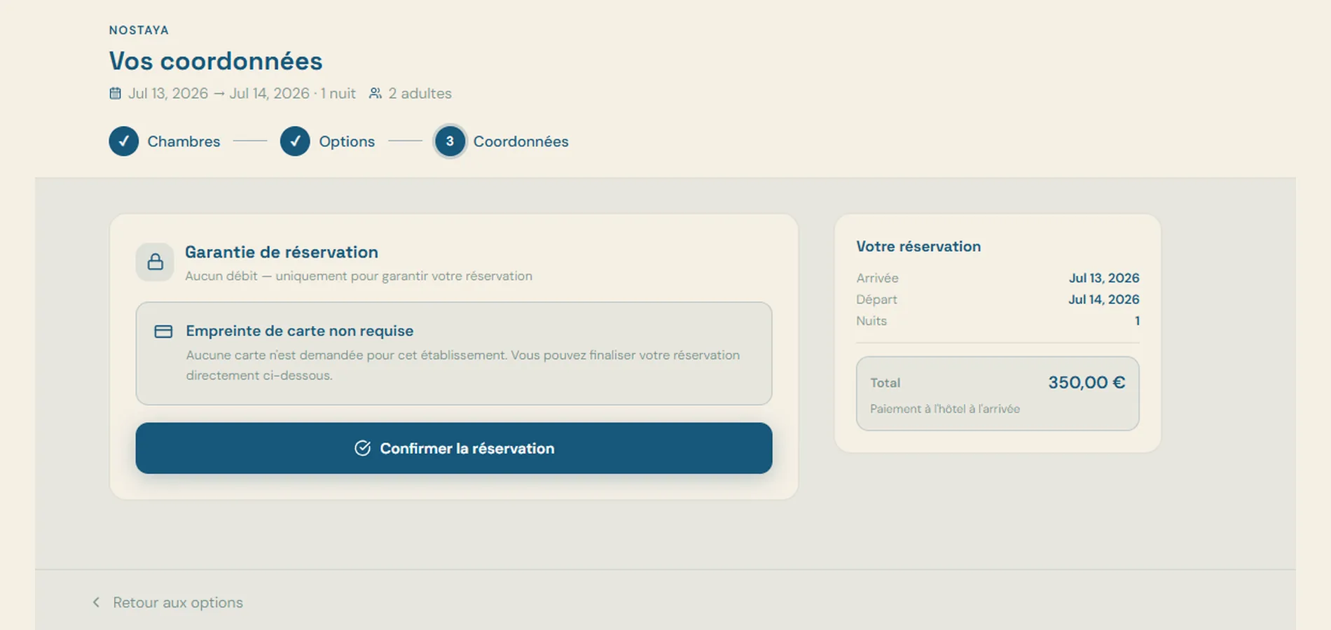 Moteur de réservation Nostaya — Confirmation de la réservation — garantie sans débit