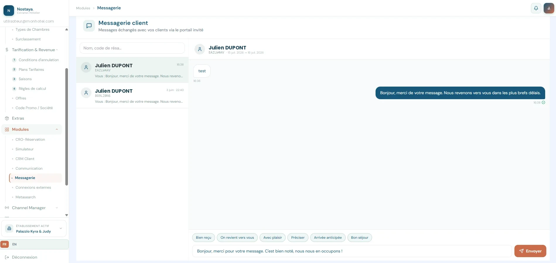 Extranet Nostaya — Messagerie client — échanges via le portail invité