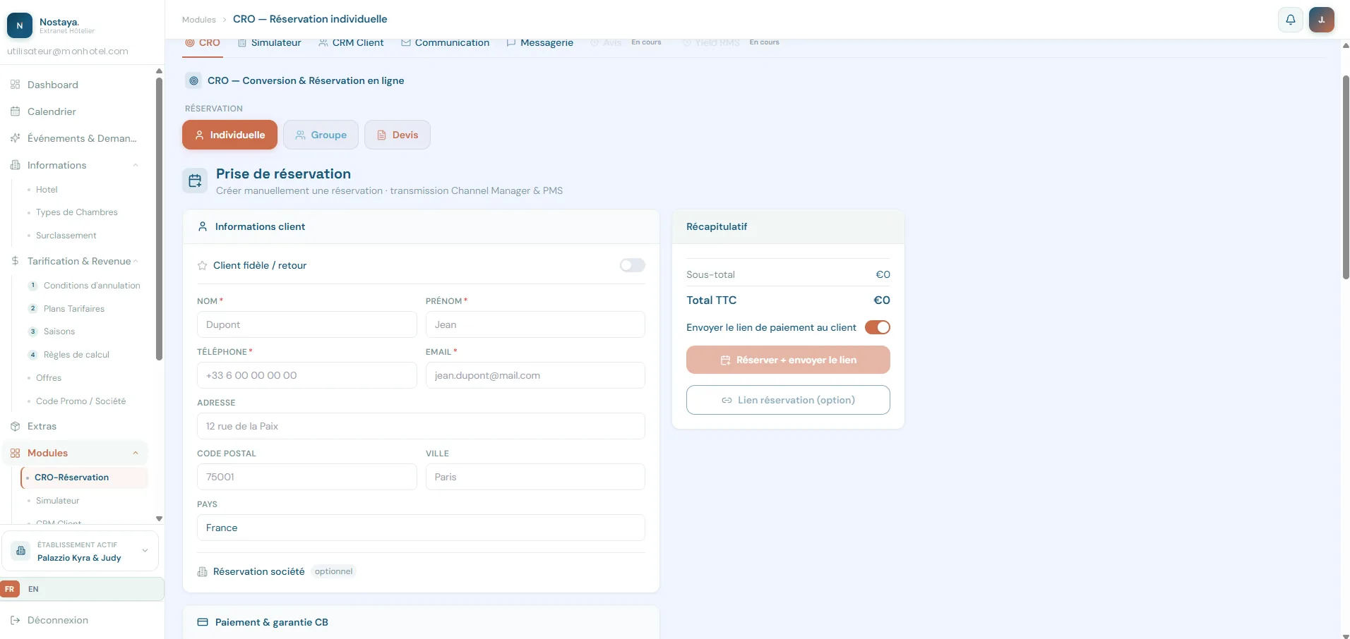 Extranet Nostaya — Prise de réservation manuelle avec transmission Channel Manager et PMS